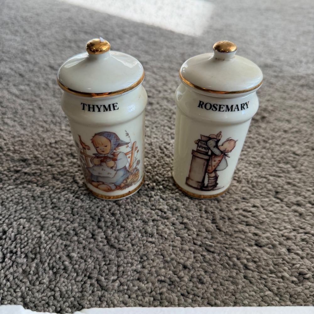 Vintage MJ Hummel Danbury Mint Spice Jars Thyme Rosemary Porcelain Gold Trim Set